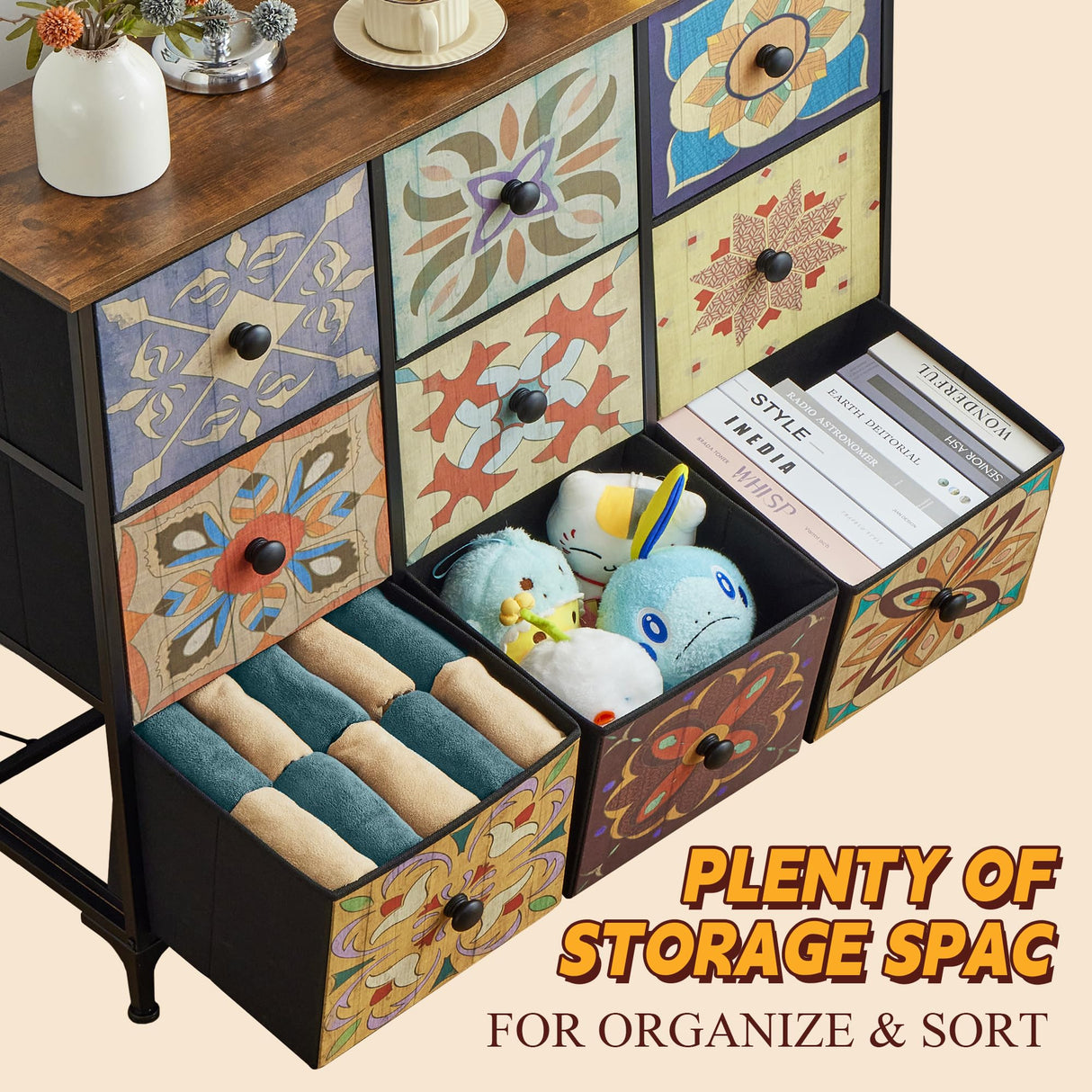 EnHomee Dresser for Bedroom with 9 Drawers Boho Dressers & Chest of Drawers Fabric 9 Drawer Dresser for Closet, Entryway, Hallway, Wooden Top EnHomee