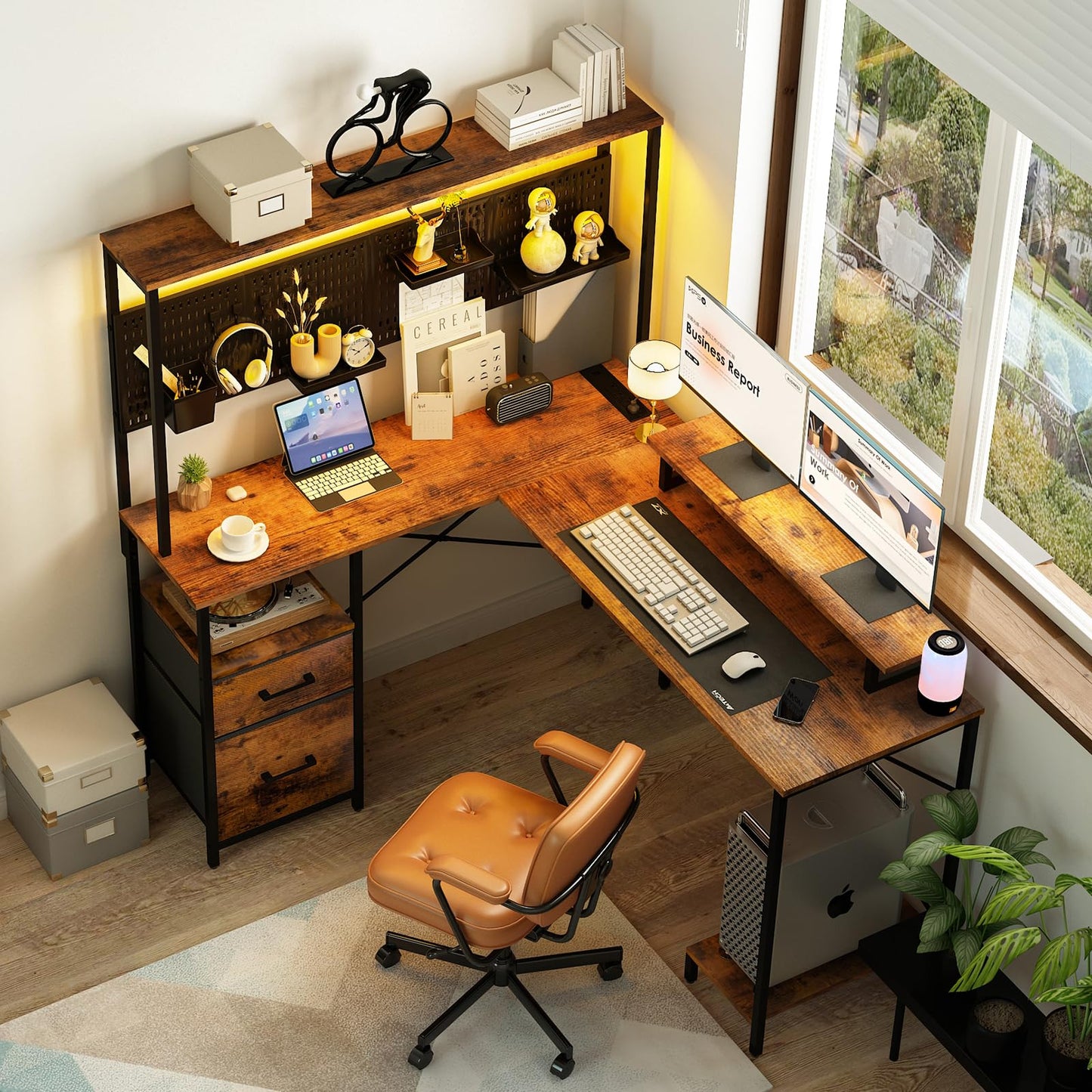 Yoobure L Shaped Desk with Pegboard, Reversible Computer Desk with Drawers & Storage Shelves, Gaming Desk with LED Lights & Power Outlets, Office Desk with Monitor Stand Corner Desk Home Office Desks