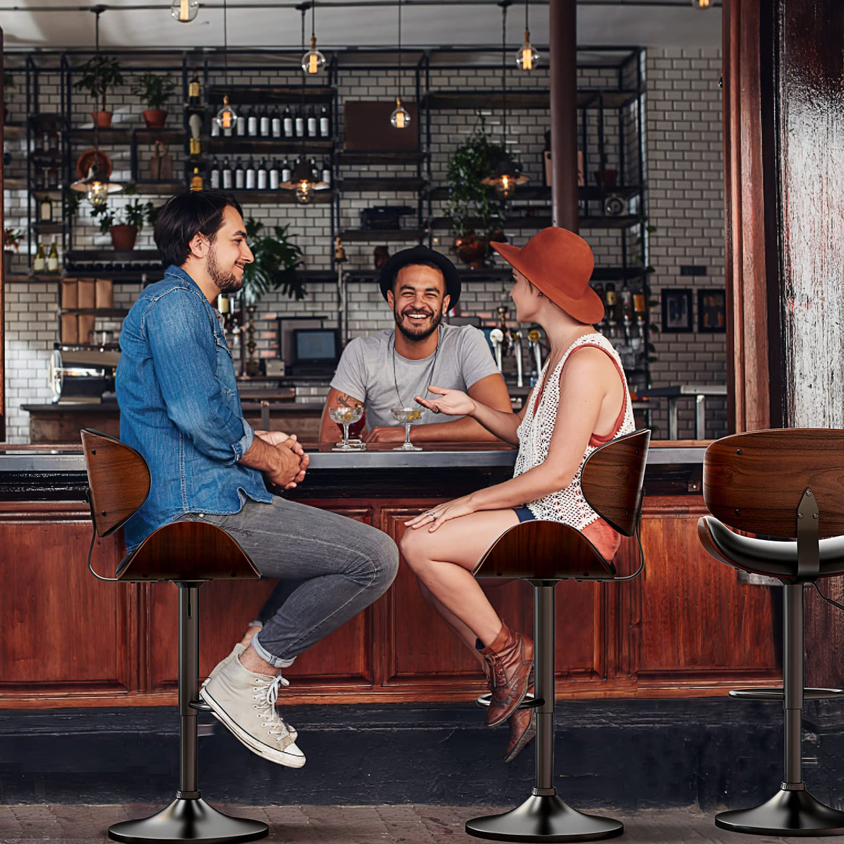 YaFiti Swivel Bar Stools Set of 2 for Kitchen Counter, Adjustable Bentwood Barstools, Modern PU Leather Upholstered Bar Chair with Back and Footrest, for Bar, Kitchen, Dining Room, Black YaFiti