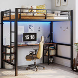 ANCTOR Loft Bed Twin Size with Desk and 4 Storage Shelves, Metal Loft Bed Frame with Power Outlet and LED Lighted, Safety Guard & Ladder, Space-Saving, Noise Free, Black ANCTOR