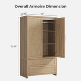 SICOTAS Rattan Armoire Wardrobe Closet Cabinet, 71" Tall Wardrobe Storage Cabinet with Doors, Large Drawers and Hanging Rod, Boho Armoire Clothes Organizer for Bedroom, Cloak Room, Light Oak SICOTAS
