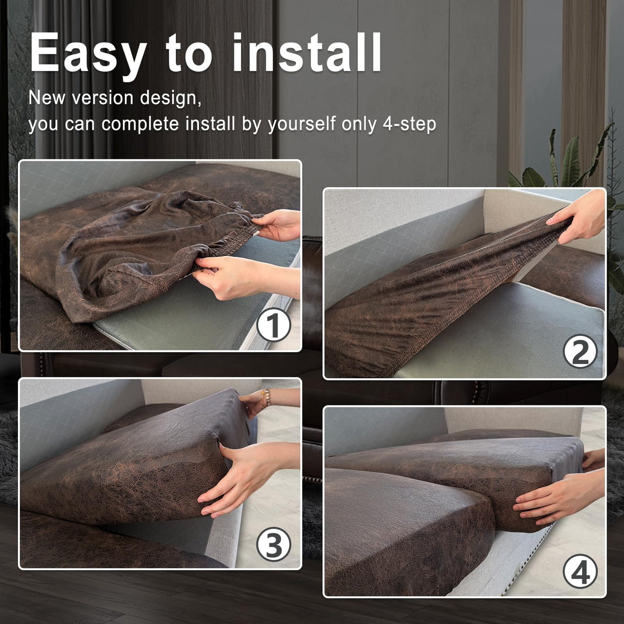 Leather Look Couch Cushion Covers Sofa Seat Slipcovers Sets Couches Furniture Protector for Sectional Armchair Loveseat Pets Kids Stretch Spandex Fabric, Machine Washable (3 Cushion Sofa, Brown) ANARACHON