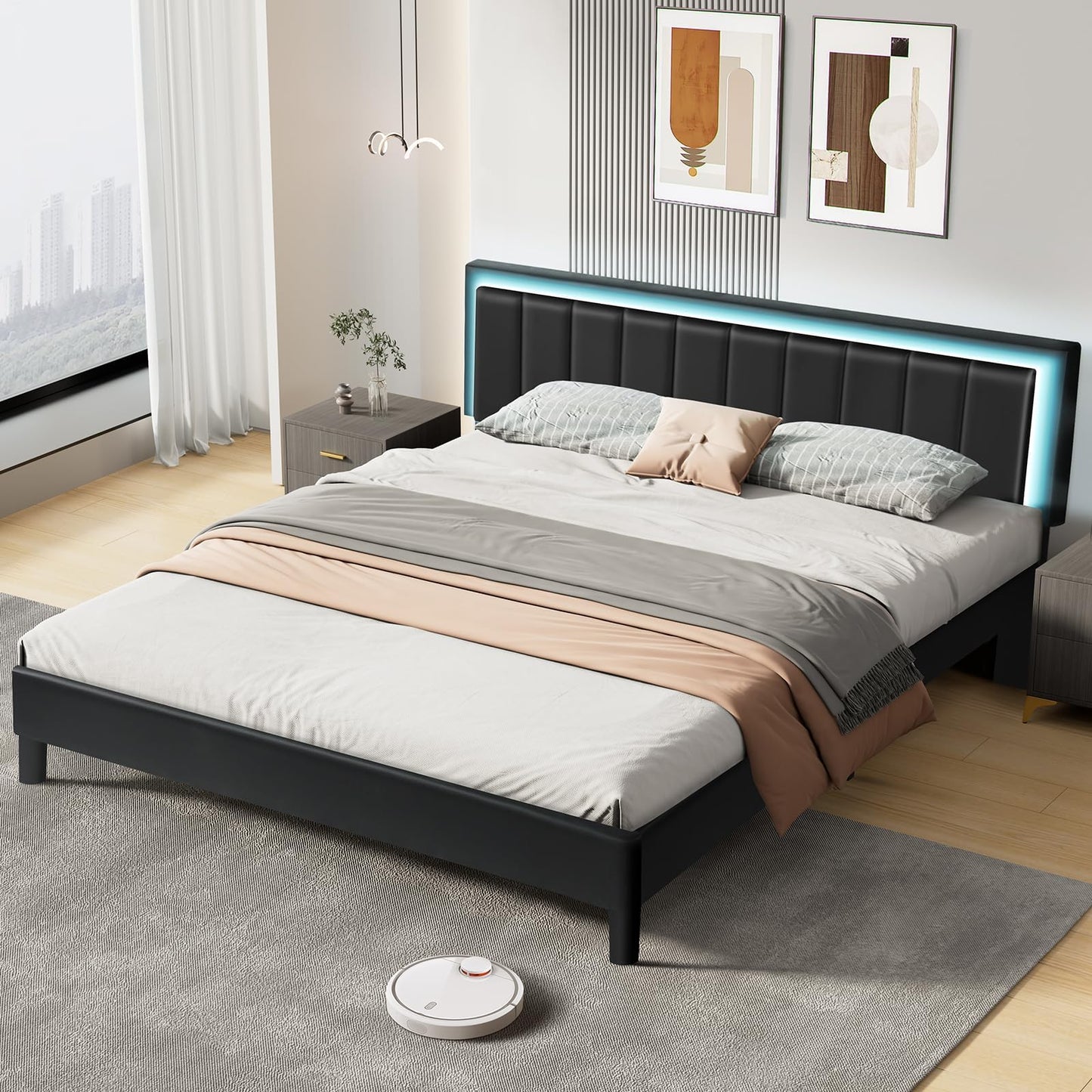 IMMERSTABLE King Size Upholstered Bed Frame with LED Lights and Storage - WoodArtSupply