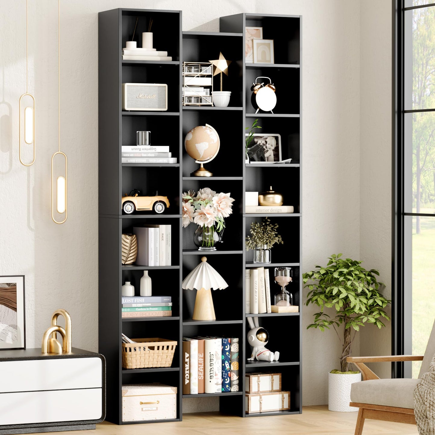 FOTOSOK Triple Wide 8 Tier Media Storage Tower Rack, 71" Tall Bookshelf Black Bookshelf with Adjustable Shelves, Large CD DVD Storage Tower Rack Tall Narrow Bookshelf for Home Office, Black