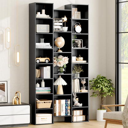 FOTOSOK Triple Wide 8 Tier Media Storage Tower Rack, 71" Tall Bookshelf Black Bookshelf with Adjustable Shelves, Large CD DVD Storage Tower Rack Tall Narrow Bookshelf for Home Office, Black