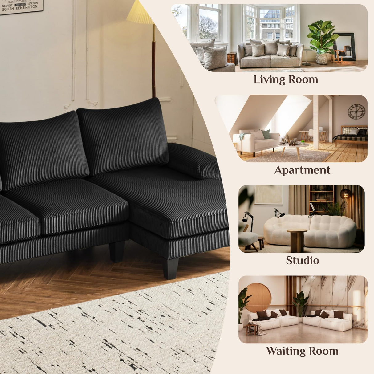 Karl home U-Shape Sectional Sofa Couch 111" Modern 4-Seat Sofa with Chaises Corduroy Fabric Upholstered Covertible Couch with Wood Grain Legs for Living Room, Reception Room, Apartment, Black Karl home