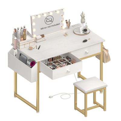KAI-ROAD White and Gold Makeup Vanity Desk with Chair no Mirror, Small Vanity Table with Drawers, Power Outlet & Stool Without Mirror, Modern Make Up Desk Set for Bedroom