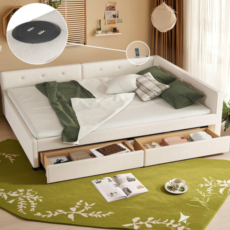 GM Ultra Queen Size Daybed with Storage Drawers, Upholstered Corner Bed Frame Queen with USB Charging, L Shaped Bed Frame with Solid Slats Support, Floor Day Bed for Teens Adults, Beige GM Ultra