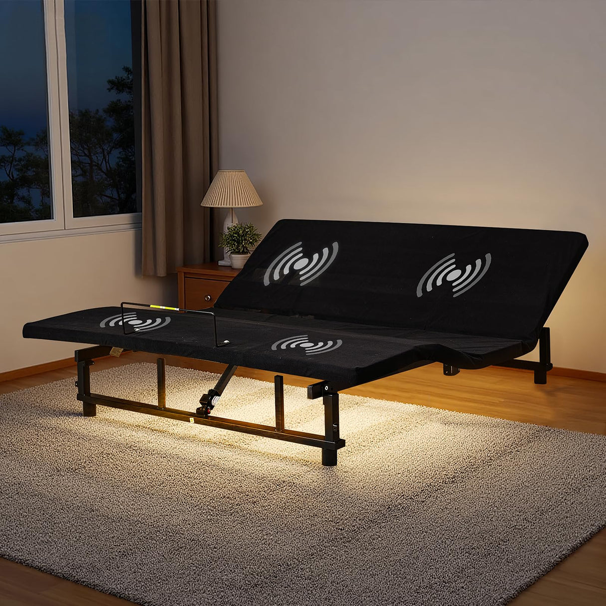 King Size Adjustable Bed Base, Black Steel Bed Frame, Separate Head & Foot Incline, Wireless Remote Control Adjustable Bedbed, Ergonomic Electric-Bed with Under Nightlight, and 4 USB Ports Lyngins