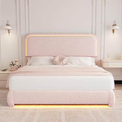 King Bed Frame, Soft Teddy Fleece Upholstered Platform Bedframe with Thickened Rounded Corners Headboard Footboard, Modern Curved Shaped Cloud Bed Frame with LED Lights, No Box Spring Needed, Pink