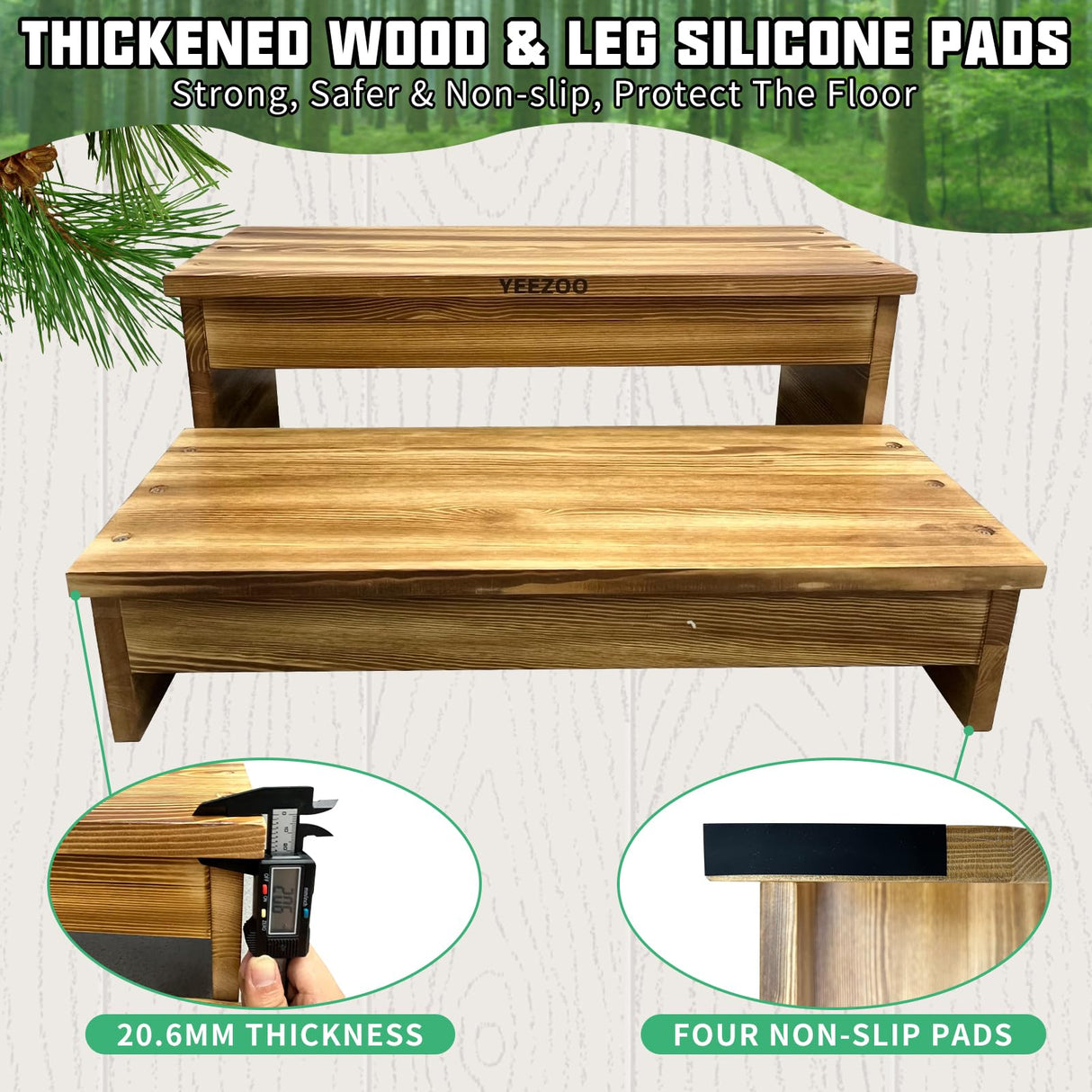 Long wooden step stool, 2 steps wood stool with non-slip pads for kitchen high bed for kids, adults and elderly (26.8" L*20.1" W*11.8" H) yeezoo