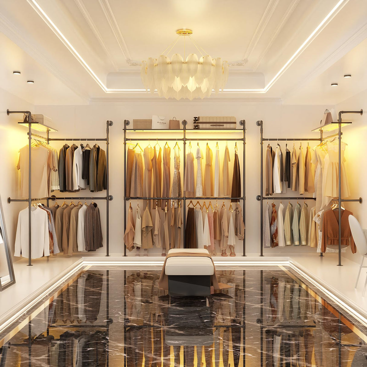 Aheaplus Industrial Pipe Clothing Rack, Reversible 79.7'' Clothes Rack for Hanging Clothes, Heavy Duty Garment Racks Closet Wardrobe with LED Lights& Shelves, Walk-in Closet System, Black Aheaplus