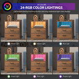 dnbss LED Nightstand with Charging Station, Smart Bedside Table with 24-Color RGB LED Lights, Charging Nightstand for Bedroom, Modern Nightstand Brown dnbss