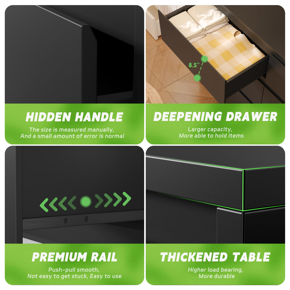 Greenvelly Black 9 Drawer Dresser, Modern Long 9 Drawer Dresser, Wood Dresser with 9 Large Drawers for Bedroom, Wooden Dressers & Chests of Drawers with Smooth Metal Rail for Nursery, Women, Family Greenvelly