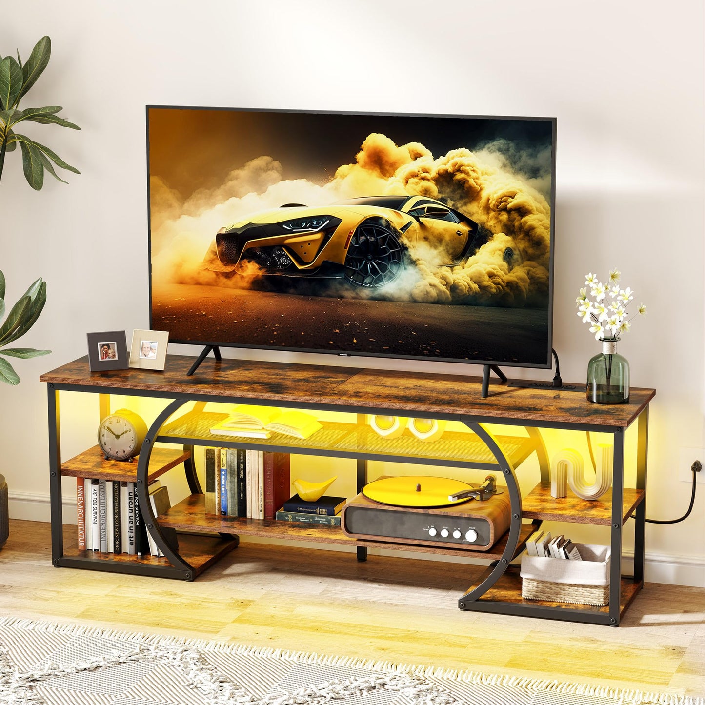 YITAHOME TV Stand for 65/70 Inch TV, LED TV Stands fo Living Room w/Power Outlets, Entertainment Center with Storage, Wood Television Stand, TV Console Table, Rustic Brown