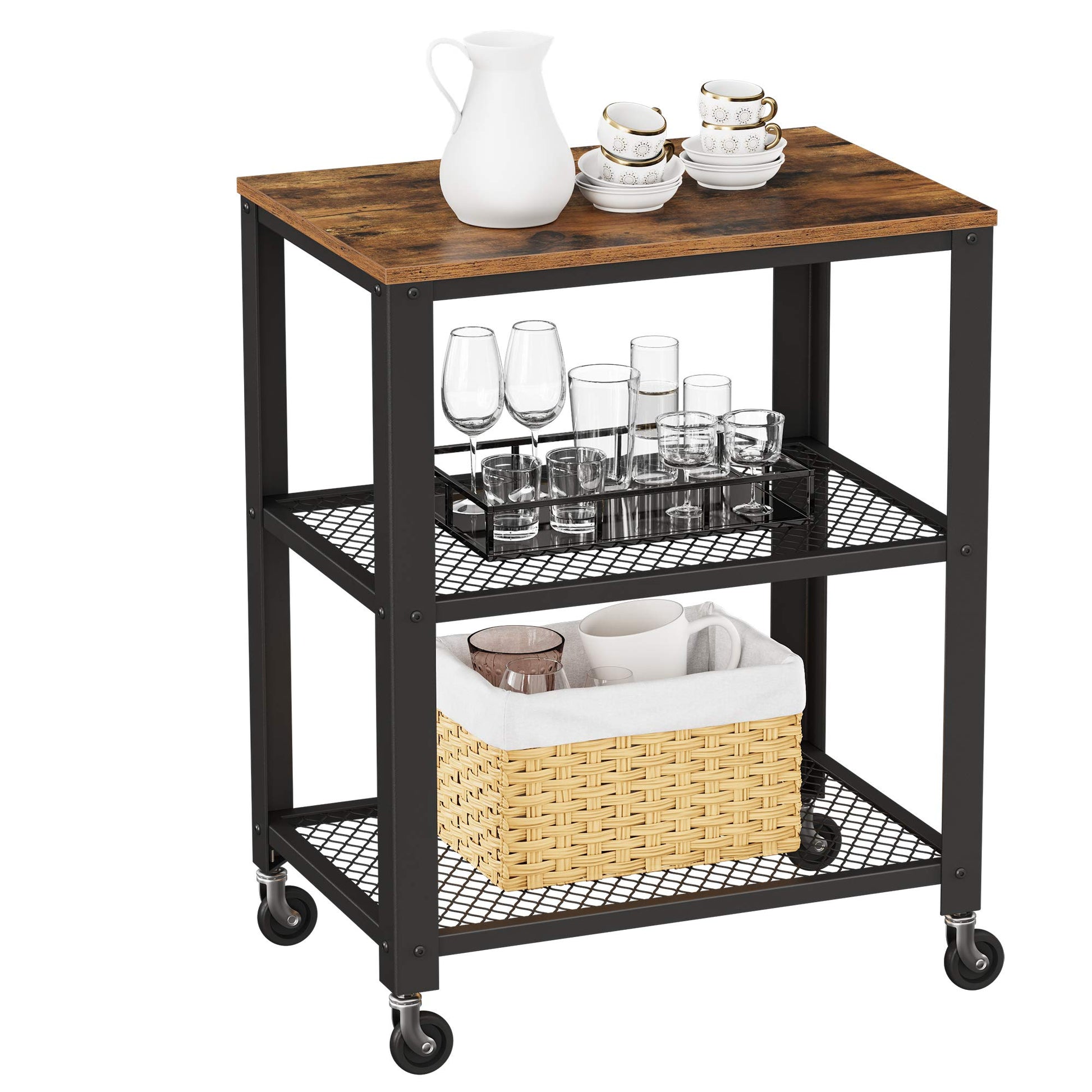 VASAGLE Serving Cart, 3-Tier Bar Cart on Wheels with Storage and Steel Frame, Rustic Brown ULRC78X, 15.7 x 23.6 x 30.6 Inches - WoodArtSupply