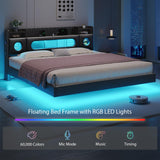 busyaeh Floating Bed Frame King with Storage & Headboard, Platform Frame with LED Lights, Upholstered King Size Floating Bed with Headboard, No Box Spring Needed, Noise-Free, Easy Assembly, PU Black busyaeh