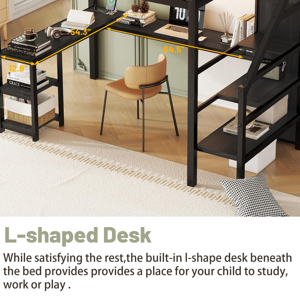 Full Size Loft Bed with Desk and Stairs,Metal Loft Bed Full with Wardrobe and Shelf, High Loft Bed with LED Light and USB for Kids, Teens, Junior, Adults,Black MoproBeti