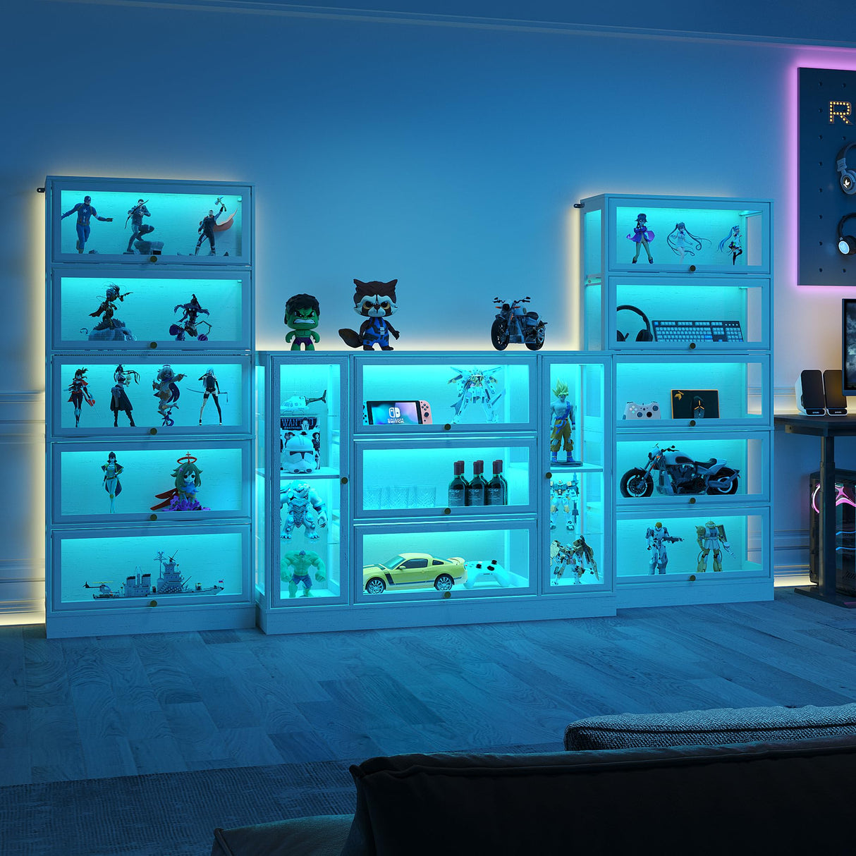 BONITURE Display Cabinet with Acrylic Glass Doors,Extra Wide Curio Cabinet with LED Lighting for Collectibles, Collectibles Toy Organizers Rack & Display Shelf Display Case, Antique White BONITURE