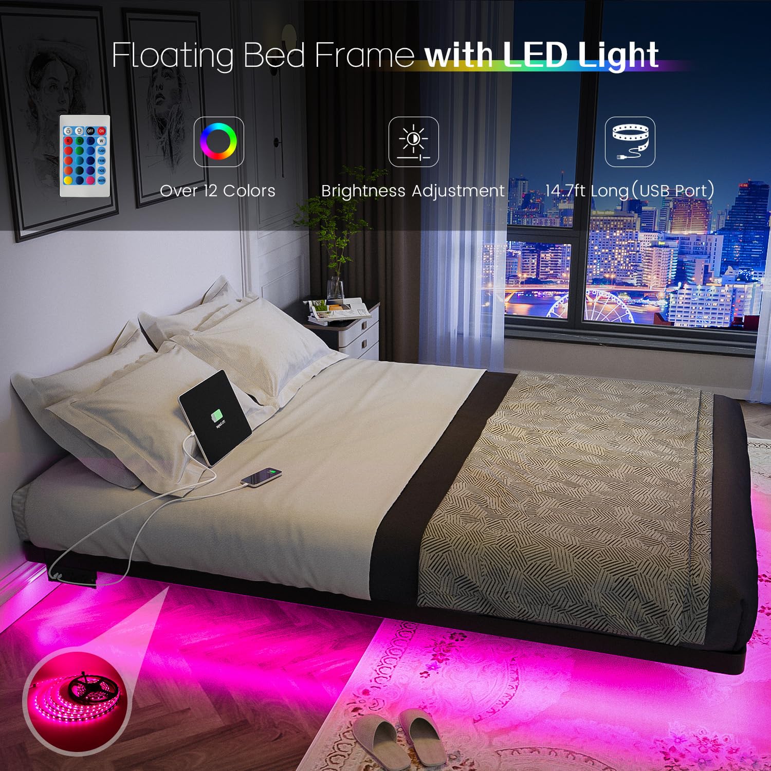 OLEVS Queen Size Floating Bed Frame with Smart LED Lights and Charging Station - Modern Metal Design, Easy Assembly, No Box Spring Required - WoodArtSupply