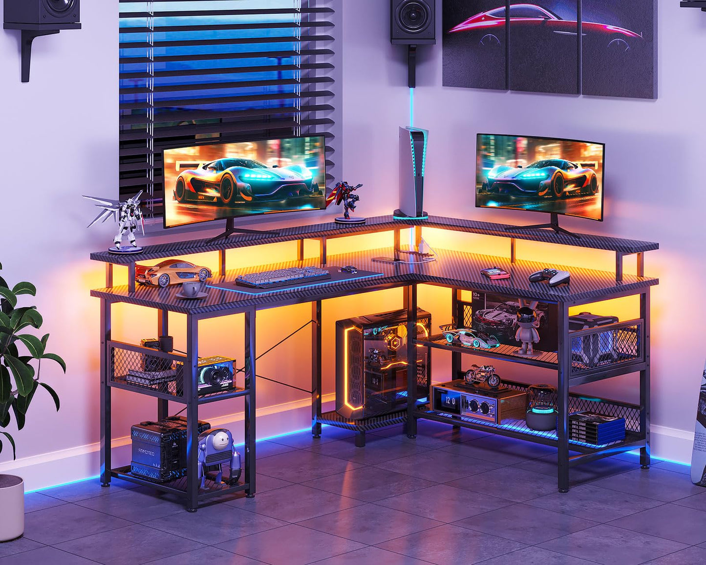 ODK 59" L Shaped Gaming Desk with LED Lights, Power Outlets, and Storage Solutions in Black Carbon Fiber - WoodArtSupply