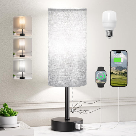 Grey Bedside Lamp for Bedroom Nightstand - Small Table Lamp with USB A + C Charging Port, 3 Color Temperatures Pull Chain Night Stand Light with Bulb, Side Table Desk Reading Lamp for Living Room/Dorm PartageiZ