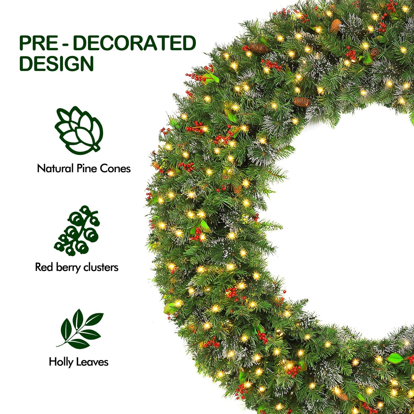 Hykolity 60 in. Large Pre-Lit Christmas Wreath Wintry Pine with 400 Warm White LED Lights, 792 Branch Tips, Artificial Plug in Wreath with Timer, Adorned with Pinecones & Red Berries