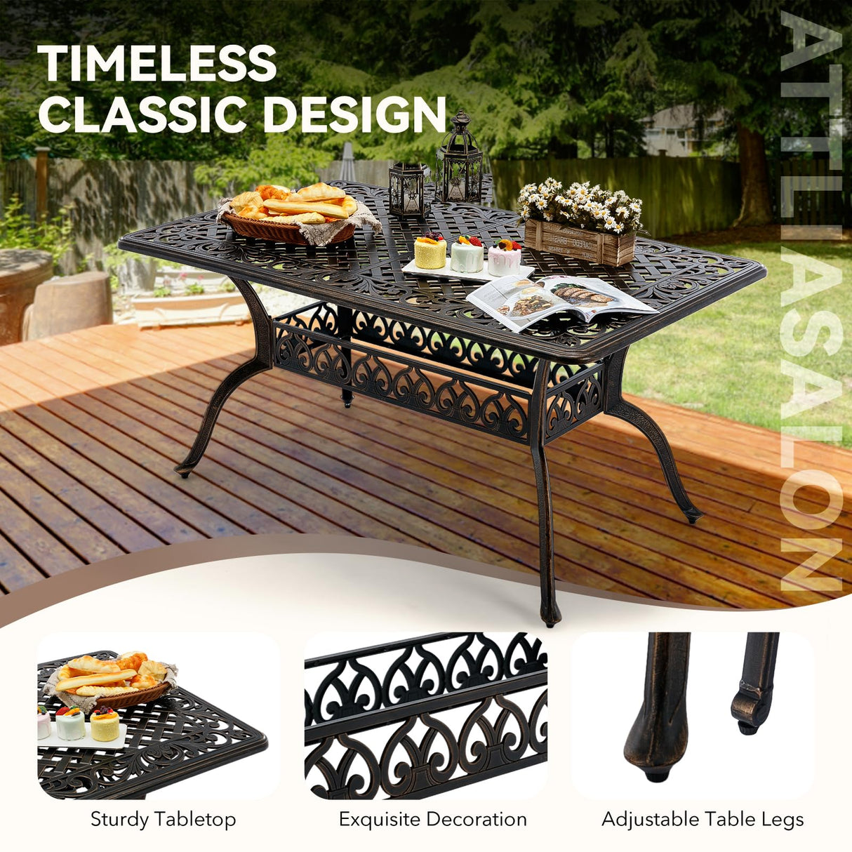 Attliasalon Outdoor Dining Set Cast Aluminum Retro Patio Dining Set with Thicker Cushion and Umbrella Hole for Patio Deck (Bronze Stackable Chair(Lattice), 7 Pcs(59" Rectangular Table)) Attliasalon