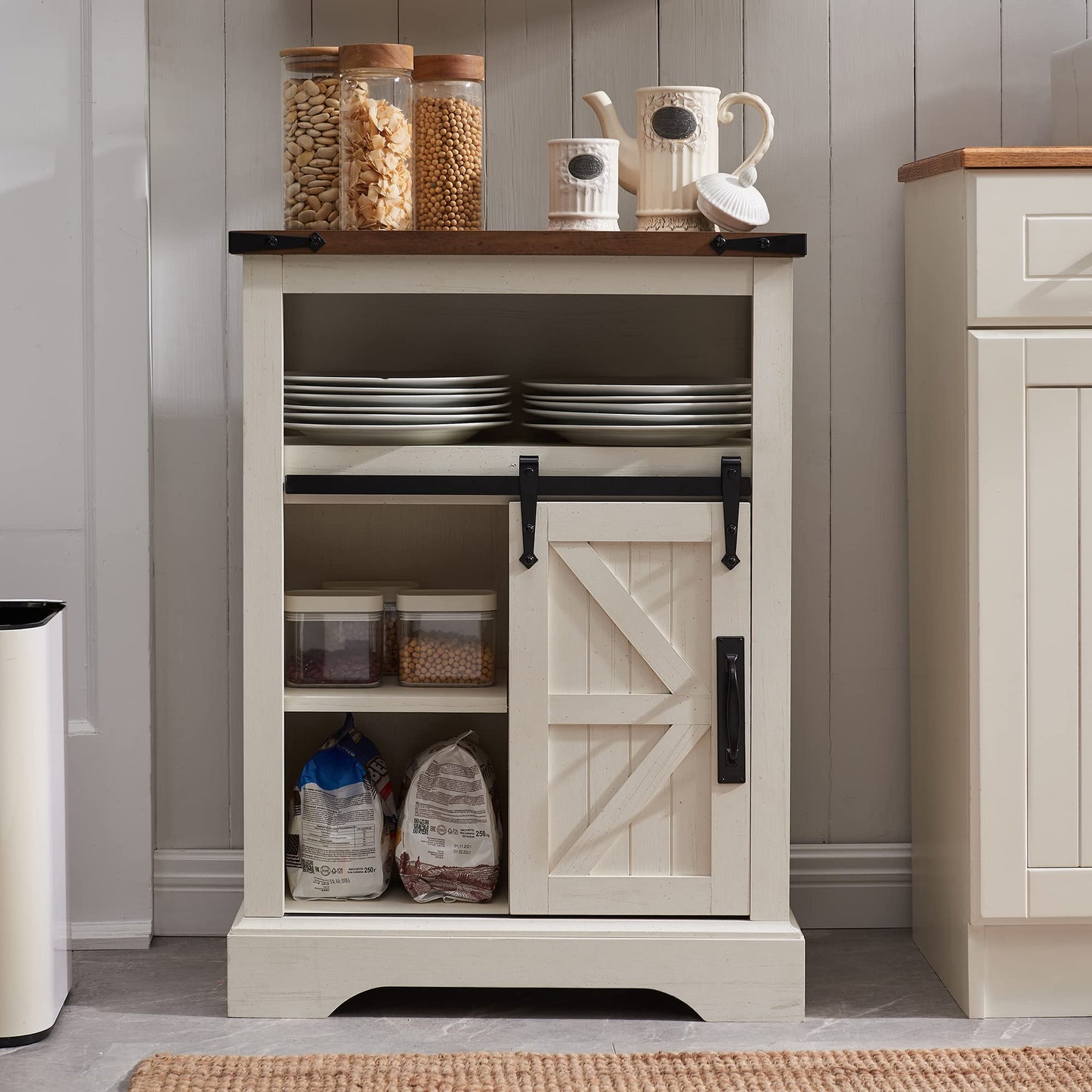 OKD Bathroom Floor Cabinet, Farmhouse Storage Cabinet with Sliding Barn Door & Storage Drawers, Small Storage Cabinet for Bathroom, Kitchen, Living Room, Rustic Oak with Antique White - WoodArtSupply