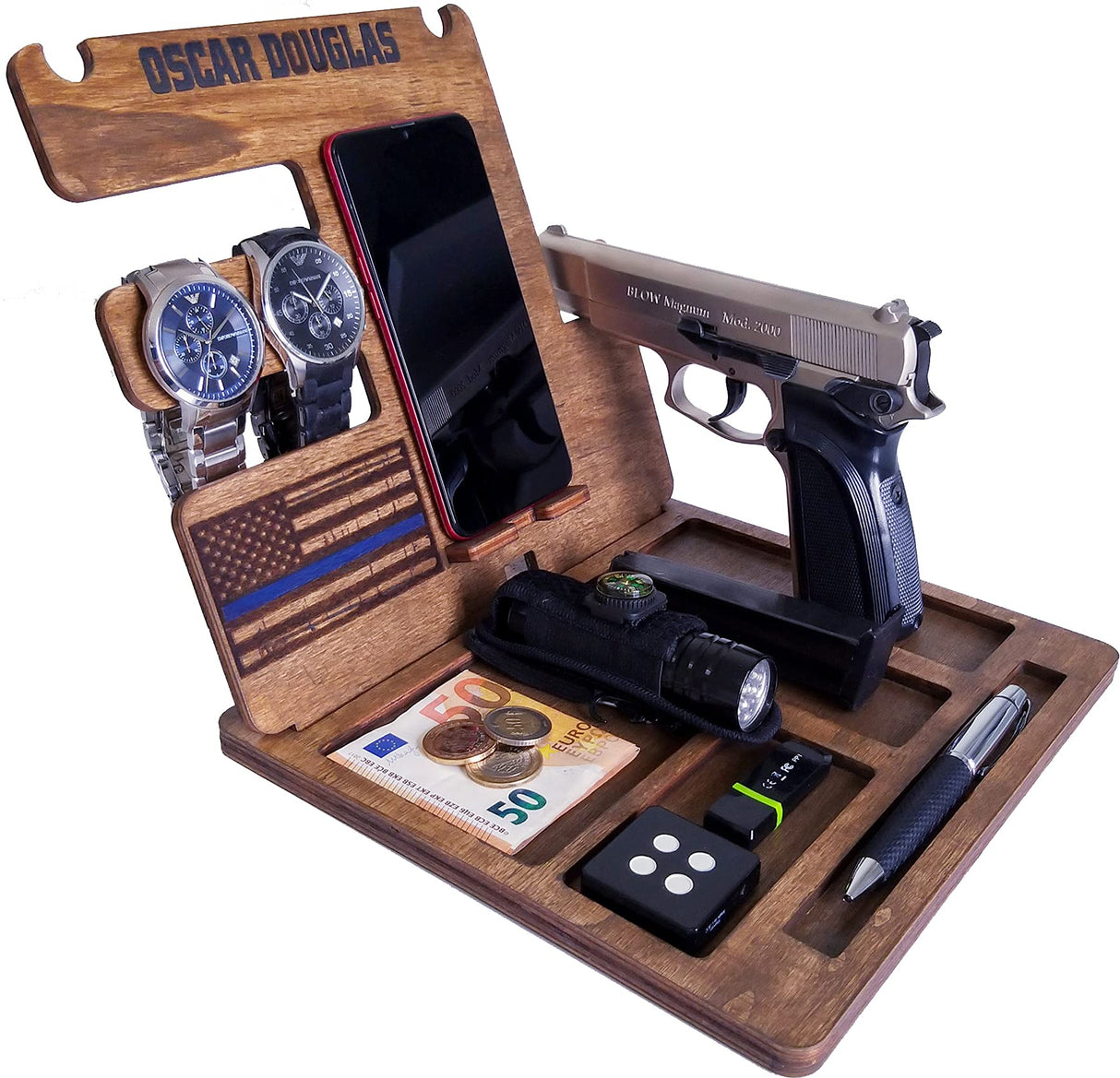 Personalized Wood Phone Docking Station Gun Key Holder Wallet Stand Watch Organizer Men Gift Husband Wife Anniversary Dad Birthday Nightstand Purse Father Graduation Gift Male Travel Idea Gadgets Generic