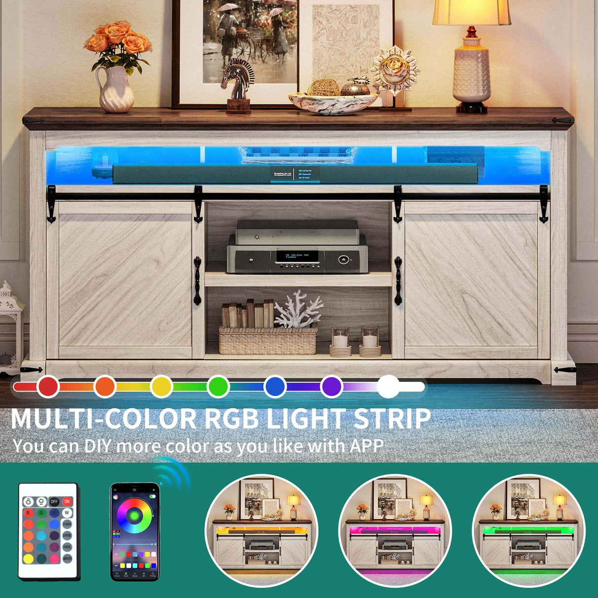 DWVO TV Stand for 75 Inch TV with Power Outlets, LED TV Stands Farmhouse Entertainment Center TV Media Console with Sliding Barn Doors for Living Room, Off White & Walnut Grain, Leaf TV Table DWVO