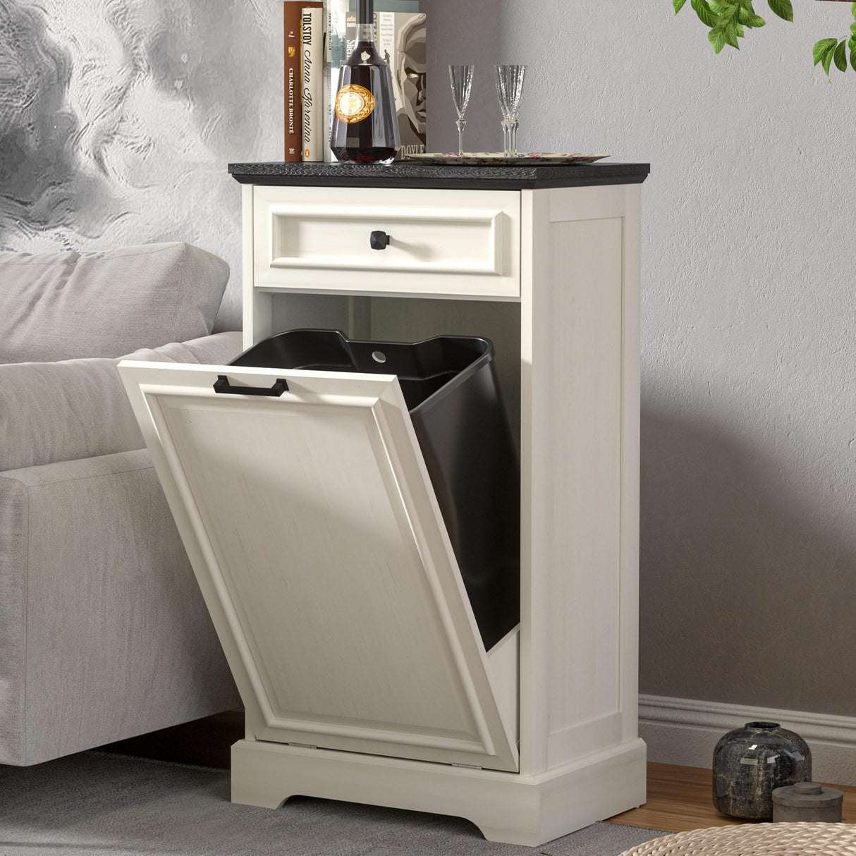 AHB 13 Gallon Tilt Out Trash Cabinet Kitchen Waste Bins, Laundry Hamper Tilt Out Pet Proof Hidden Trash Bin for Kitchen Living Room, Antique White and Black AHB