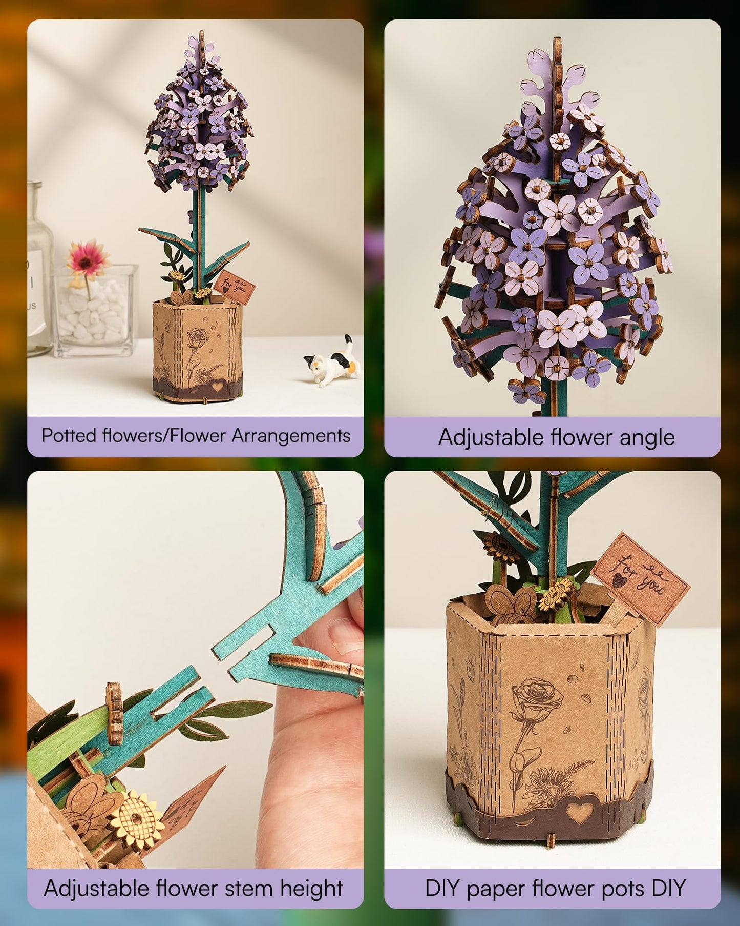 ROBOTIME 3D Puzzle Wooden Flower Lilac DIY Model Kit to Build for Adults Artifical Bouquet Collection Craft Brain Teaser Puzzle Creative Gift Home Decor