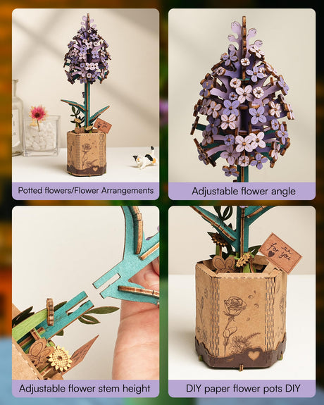 ROBOTIME 3D Puzzle Wooden Flower Lilac DIY Model Kit to Build for Adults Artifical Bouquet Collection Craft Brain Teaser Puzzle Creative Gift Home Decor ROBOTIME