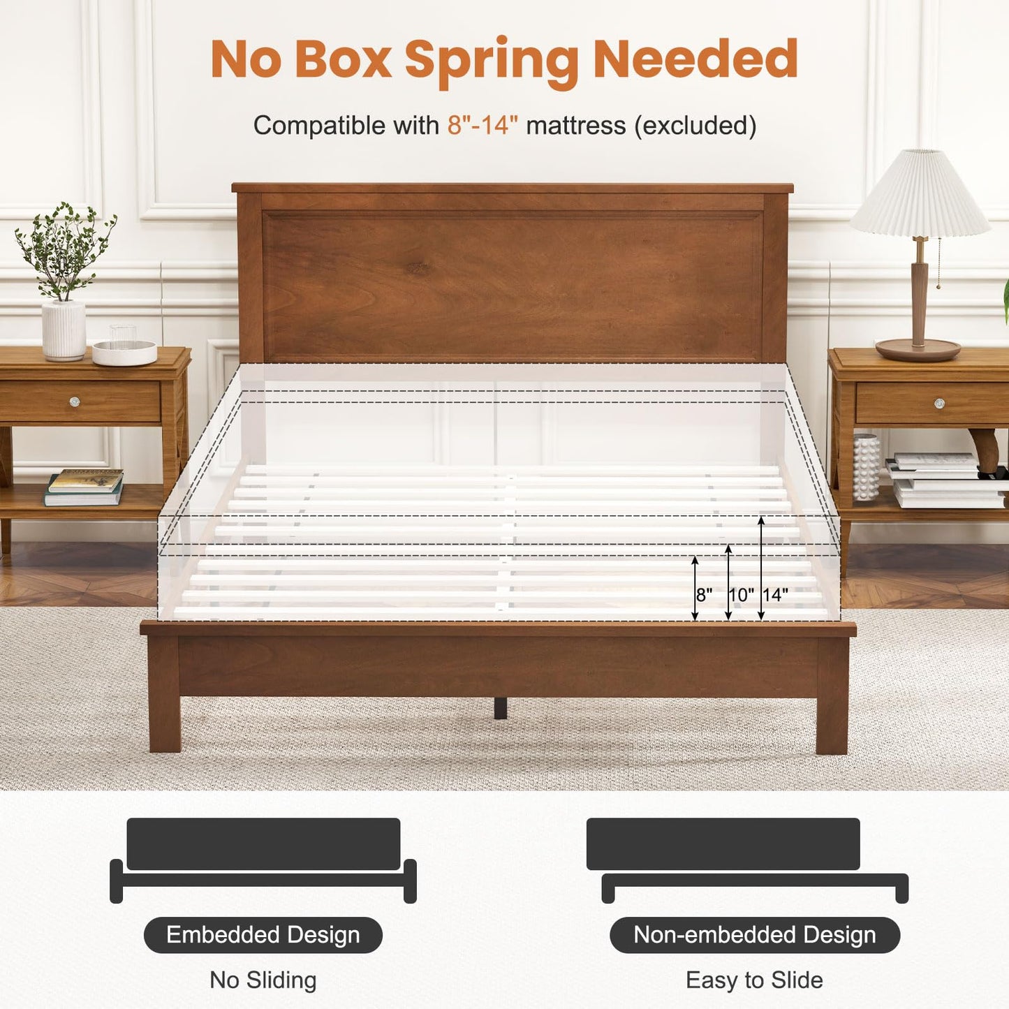 Giantex Wood Queen Platform Bed Frame with Headboard Walnut, Mid Century Bed Frame with Solid Wood Legs & Wooden Slat Support, Pallet Bed Mattress