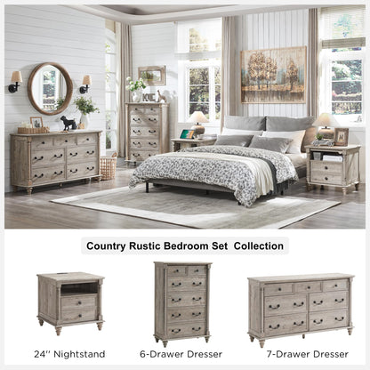 T4TREAM Farmhouse 6 Drawers Dresser Chests for Bedroom w/4 Solid Wood Feet & Column Decor, Tall Wood Country Rustic Chest of Drawers, Storage