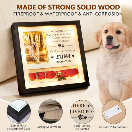 Pet Memorial Picture Frame Dog Collar Shadow Box 10"x10", Sympathy Remembrance Gift Keepsake for Loss of Dog or Cat, for Medium or Small Size Collars HKBS