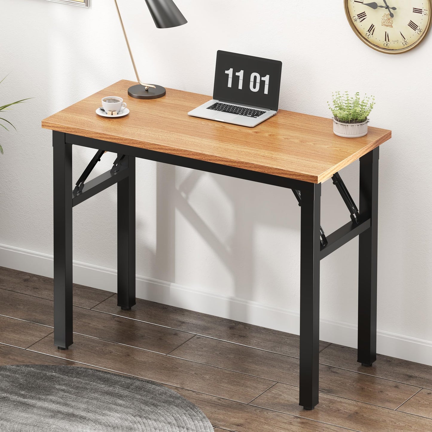 Need Small Computer Desk 31.5 inches Folding Table No Assembly Sturdy Small Writing Desk Folding Desk for Small Spaces, Teak Color Desktop and Black Steel Frame - WoodArtSupply