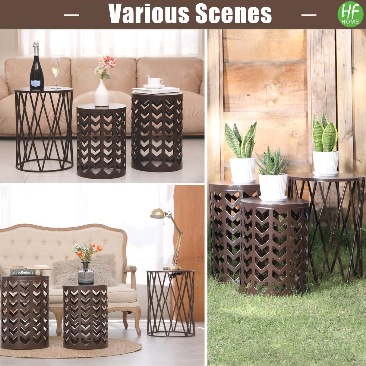 HFHOME Round Nesting Coffee Tables, Set of 3 End Tables for Living Room Balcony Office, Heavy Duty Metal Stacking Side Tables for Home Indoor - Brown HFHOME