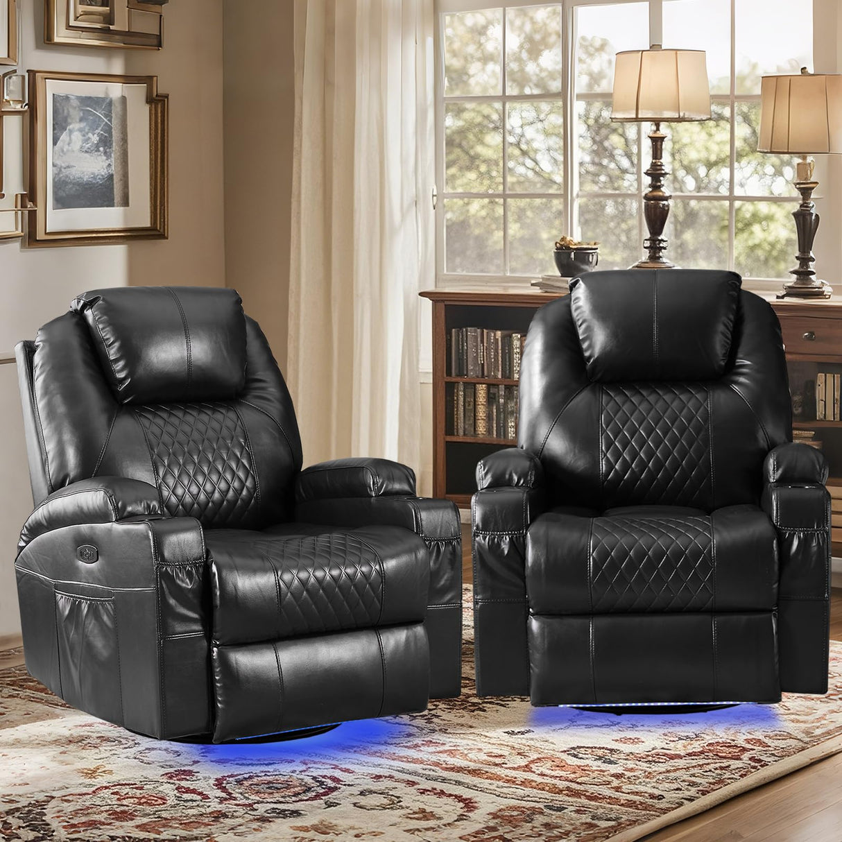 IBTKIG Power Swivel Rocker Recliner Chair with Massage and Heat/LED Lights/USB and Type-C Ports/Infinite Position/Cup Holder, Electric Glider Reclining Sofa for Nursery Living Room (2, Black) IBTKIG