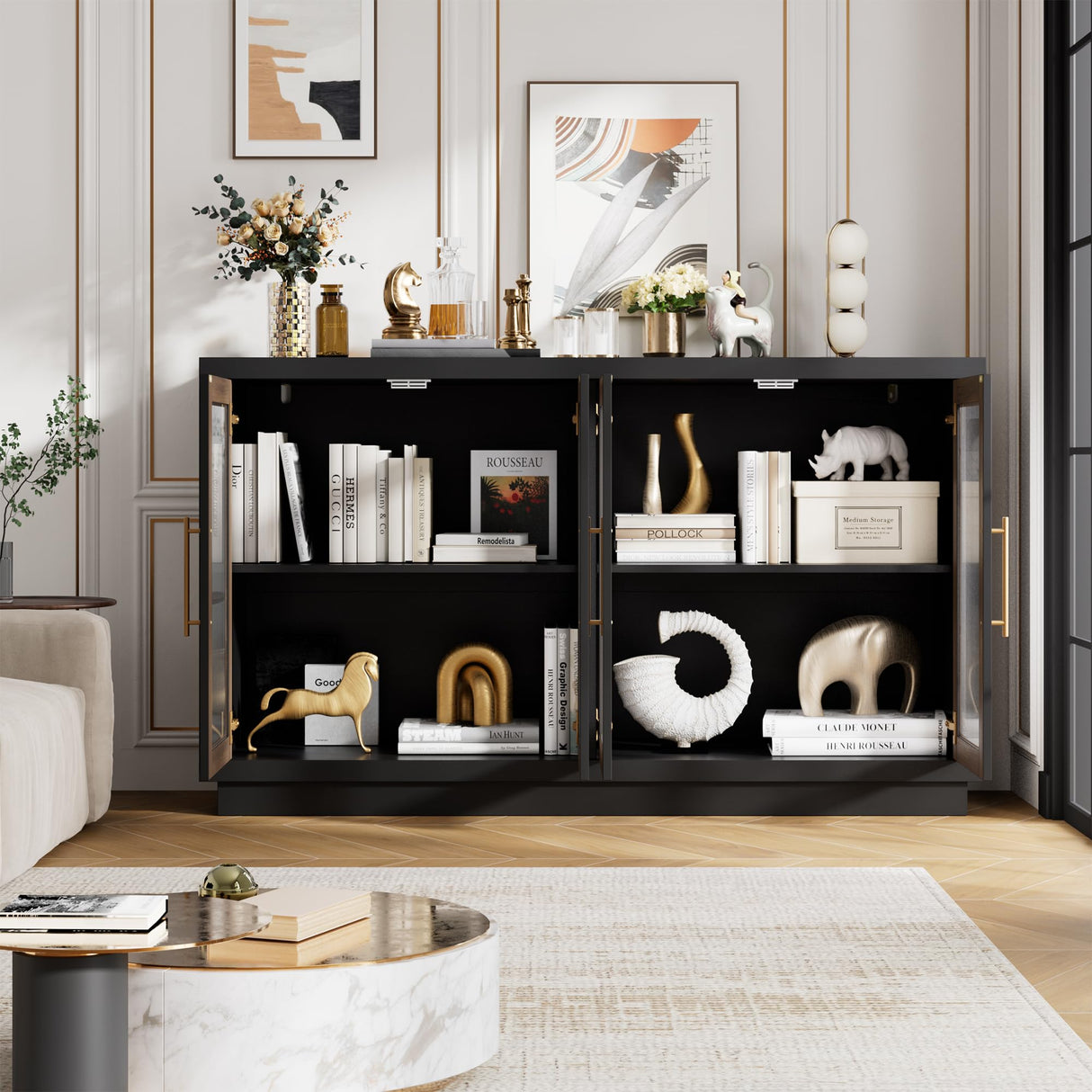 FOTOSOK Buffet Cabinet with Storage, 55.1" Large Sideboard Buffet Cabinet, Modern Sideboard Kitchen Cabinet with 4 Fluted Glass Doors, Wood Coffee Bar Cabinet Buffet Table for Kitchen, Black/Brown FOTOSOK