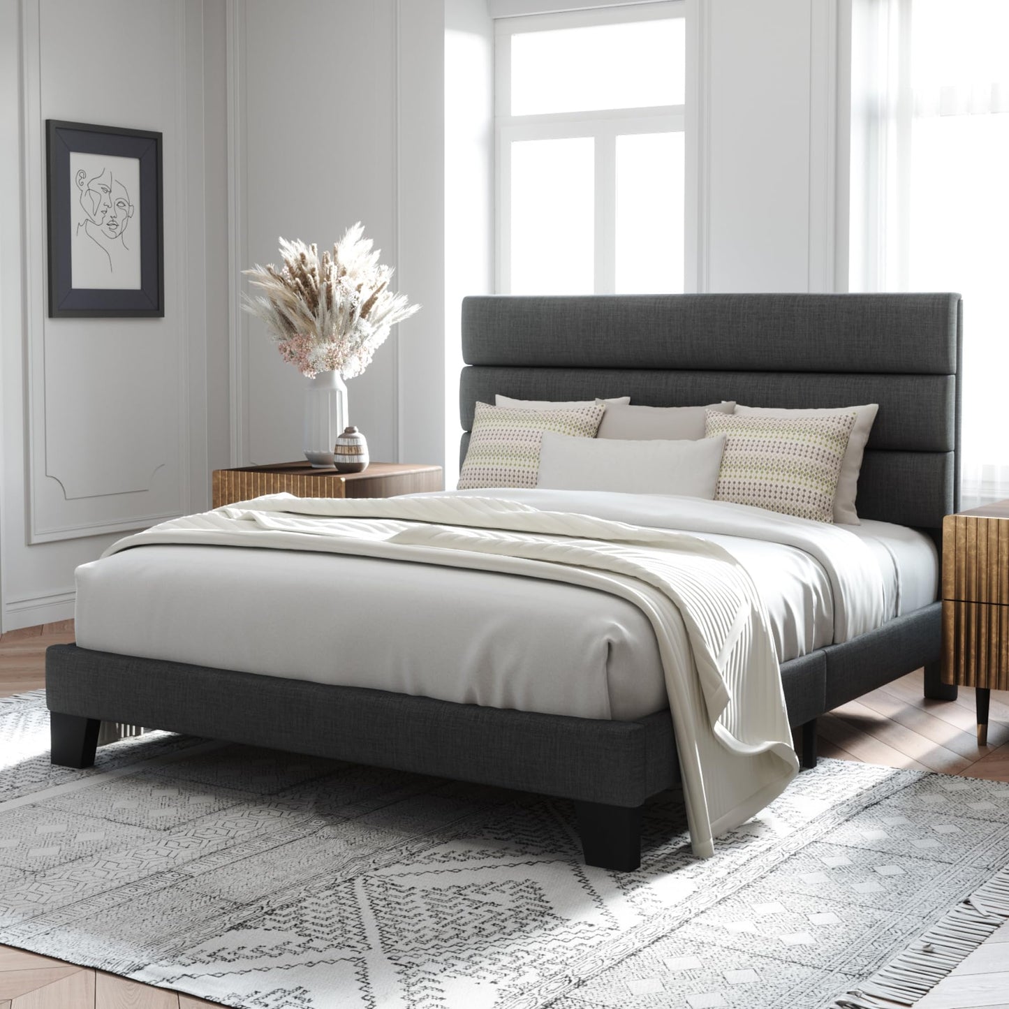 Allewie Queen Size Dark Grey Platform Bed Frame with Upholstered Headboard and Wooden Slats - WoodArtSupply