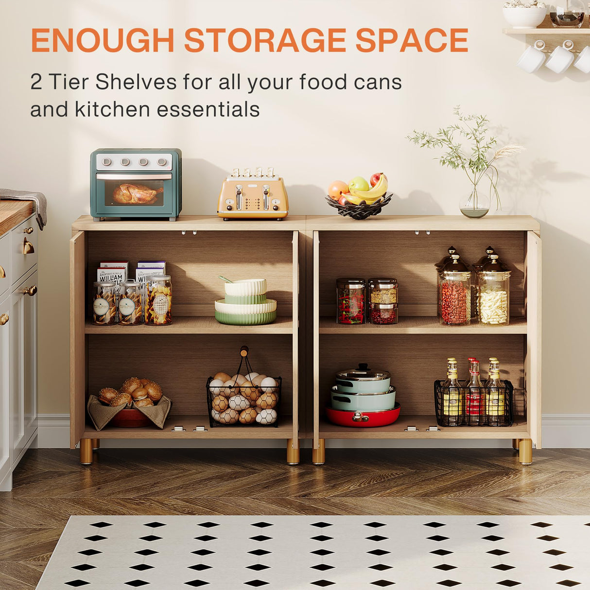 Tribesigns Buffet Sideboard Set of 2, 57-Inch Large Buffet Cabinet with Storage and 4 Doors, Modern Credenzas Coffee Console Accent Cabinet for Entryway, Kitchen, Living Room, Natural Tribesigns