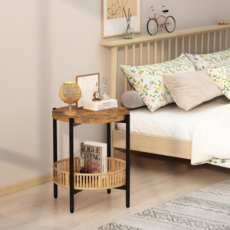 Lamerge 3 Pieces Coffee Table Set for Living Room, Boho Living Room Table Set with Rattan Storage Shelf and Metal Frame, Round Coffee Table & 2 End Side Tables for Apartment Home Office Lamerge