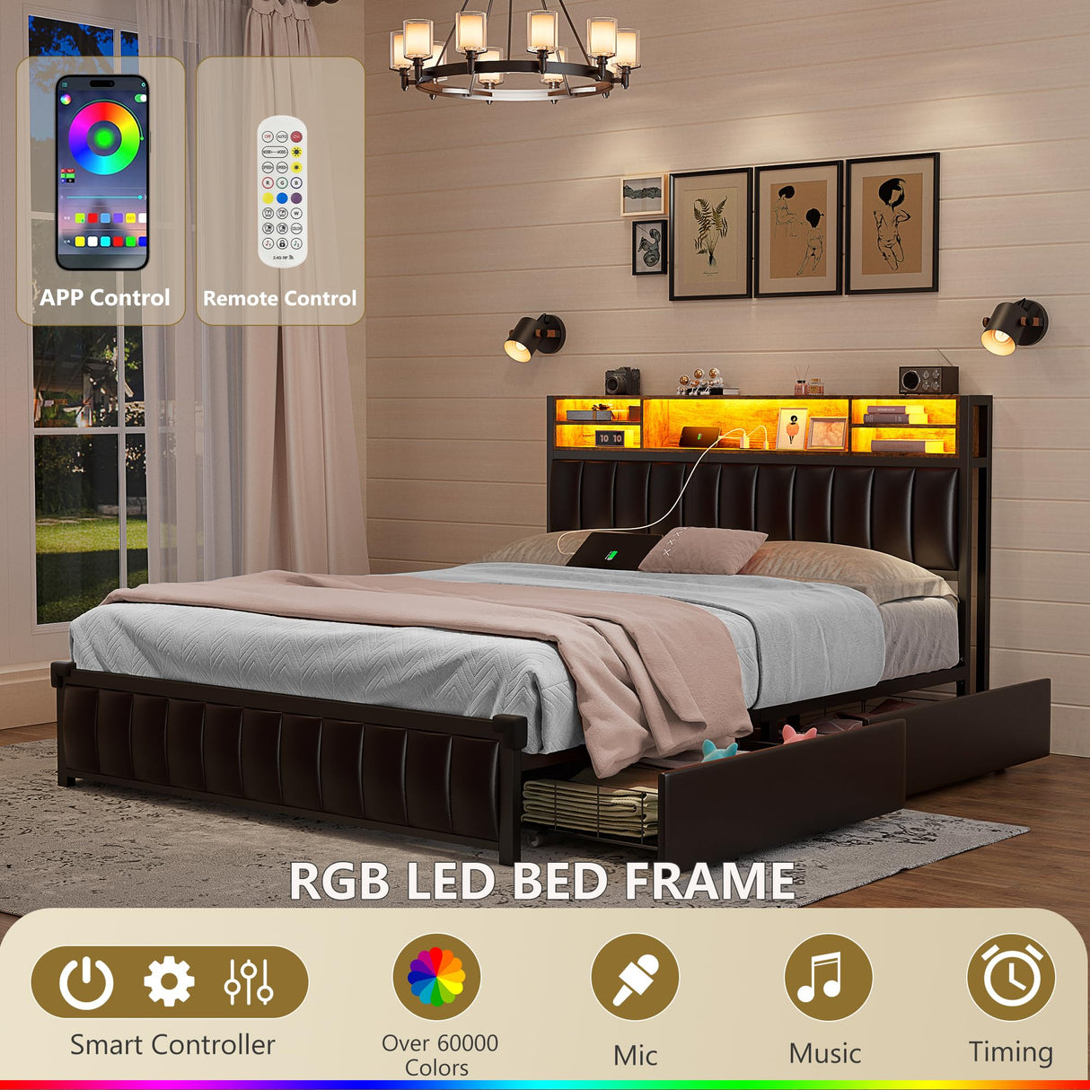 Alohappy Queen Bed Frame with USB Charging, LED Lights & Storage Drawers, Upholstered Platform in Black Alohappy
