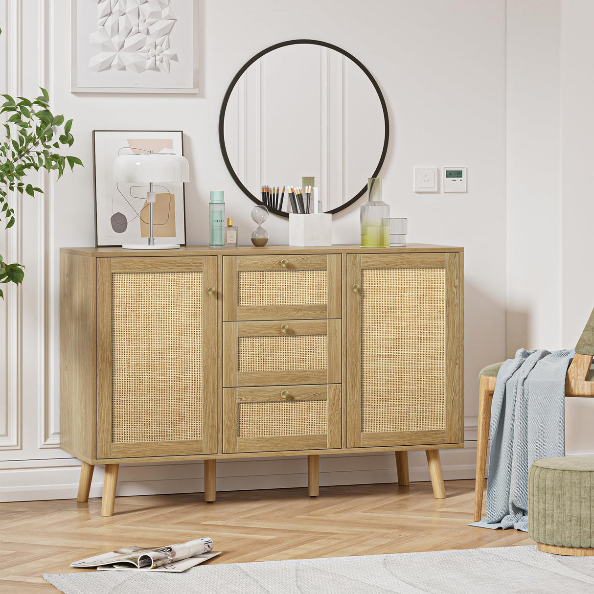 Giluta Sideboard Buffet Cabinet, 3 Drawers Rattan Cabinet with 2 Doors Boho Accent Storage Cabinet, Living Room Cupboard Console Table with Adjustable Shelves for Kitchen Giluta