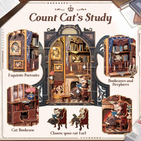 Cutefun Book Nook Kit - DIY Miniature House Kit for Bookshelf Decor, Book Nook Kits for Adults & Beginners, 3D Wooden Puzzle Dollhouse, Ideal Gift for Family and Friends (Count Cat's Study) Cutefun