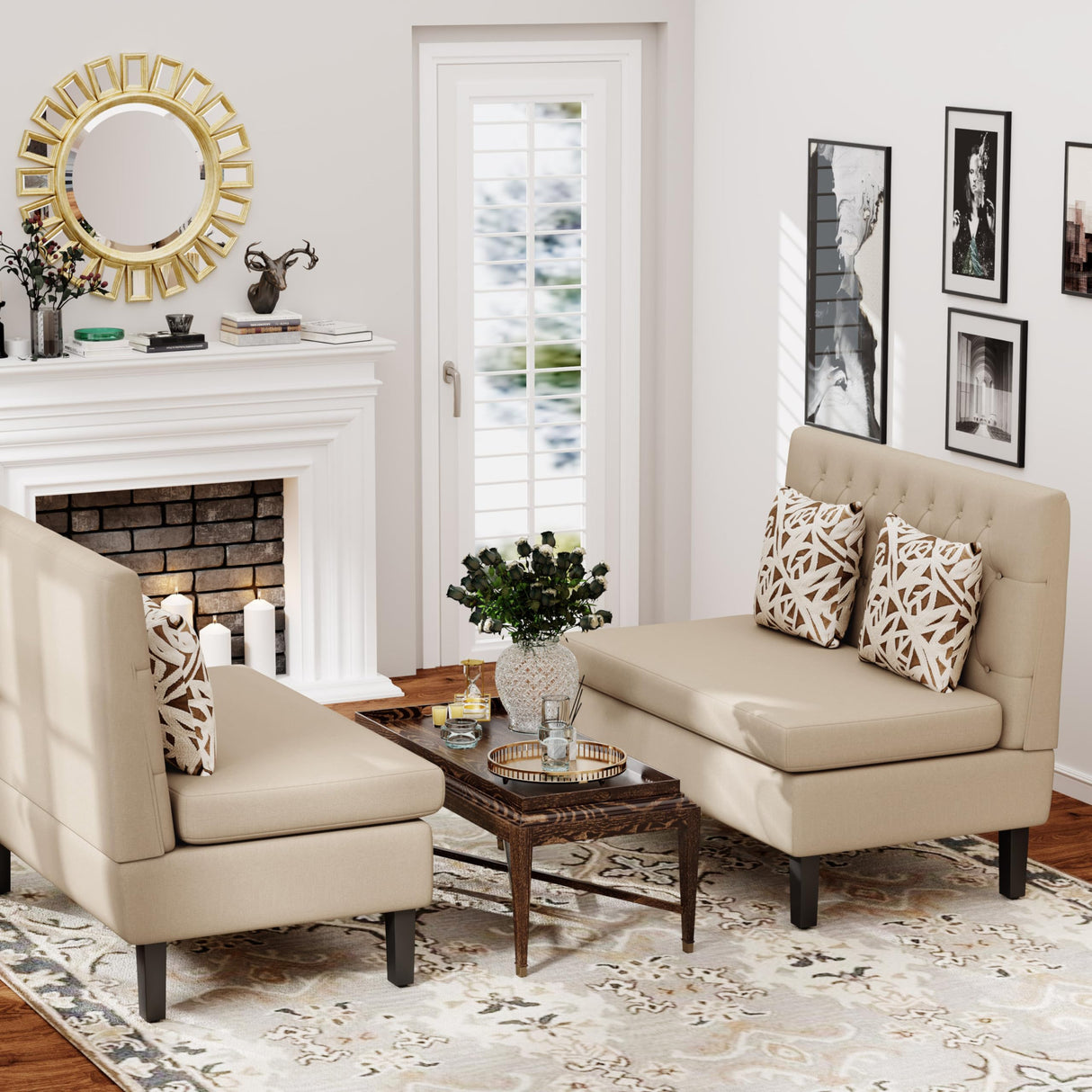 Yongqiang Modern Upholstered Settee with Back Small Loveseat Sofa Dining Bench Banquette Seating for Kitchen Dining Room Living Room Linen Button Tufted Mini Couch Khaki Yongqiang