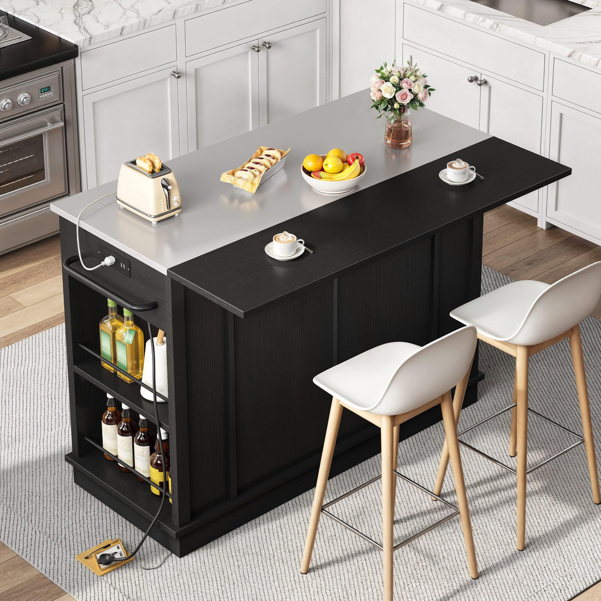 YITAHOME Kitchen Island with Drop Leaf, 47 Inch Mobile Stroage Islands with Stainless Steel Top, Rolling Island Table with Power Outlet, Adjustable Shelves, Spice Rack, Towel Rack for Kitchen, Black YITAHOME