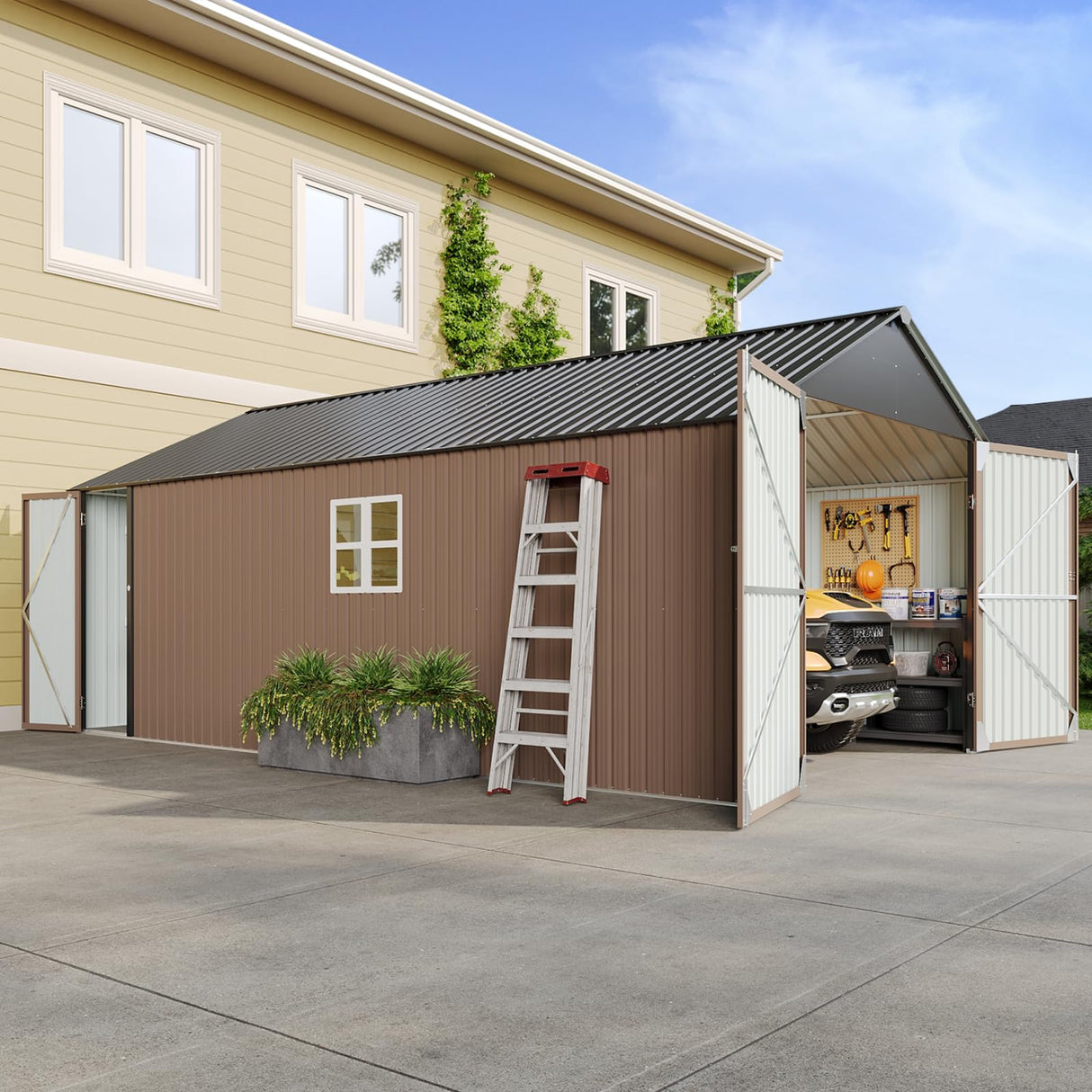 Aoxun 12x20x9.3 FT Shed Outdoor Metal Garage Shed 1700 CUFT Extra Large Storage Shed for Vehicles & Sundries 11" Snow Load Double-Door All-Weather Garden Shed (Brown) Aoxun